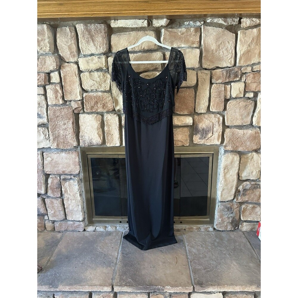 VTG 80s/90s Betsey & Adam Jaslene Fringe Maxi Beaded Dress Black Women’s 10